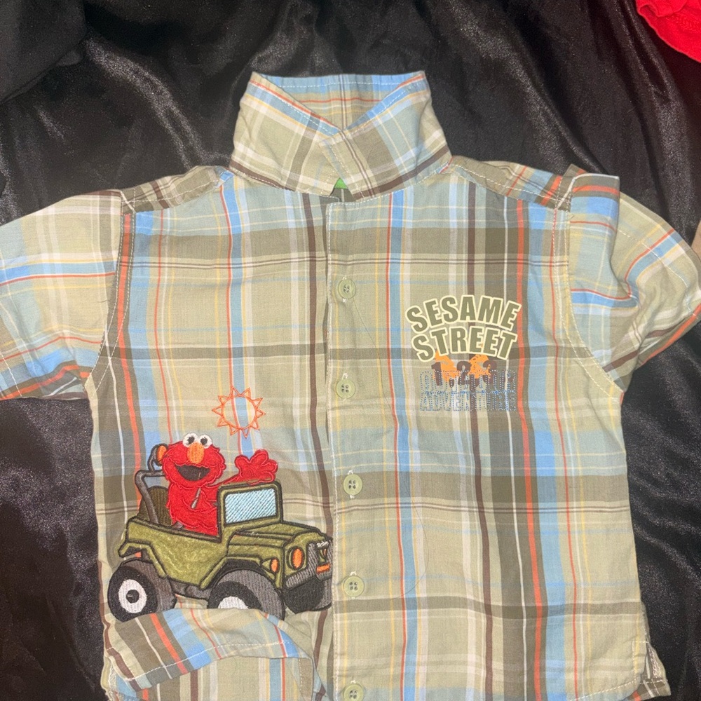 Sesame Street Boy 12m Plaid Shirt - Elmo on a Jeep